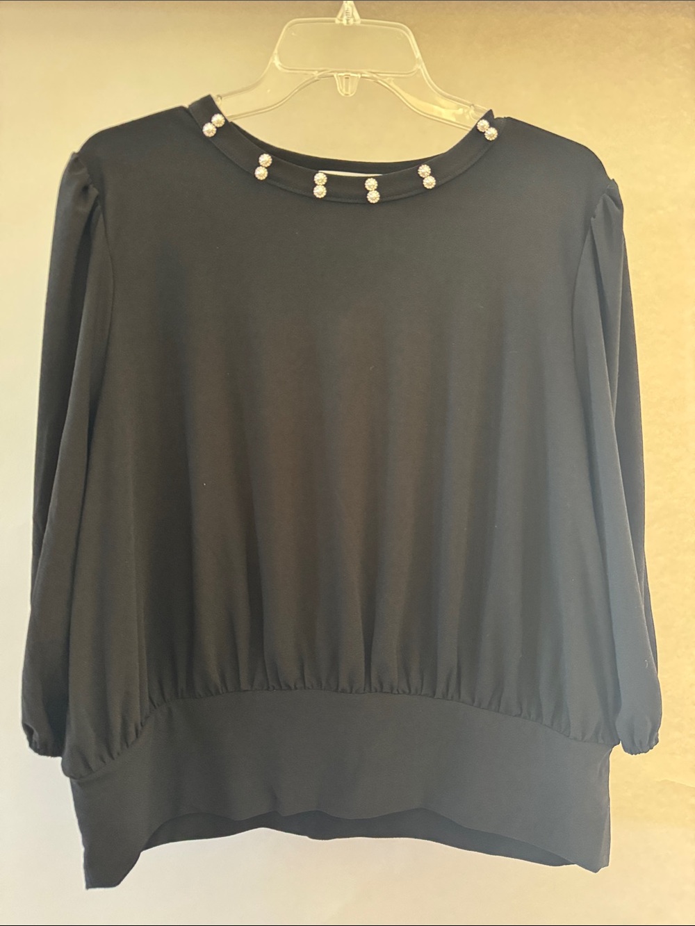 89th & Madison Women's Black Pearl Embellished Long Sleeve Top